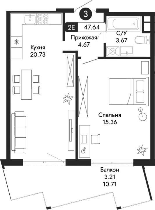 2-комн., 44.43 м²
