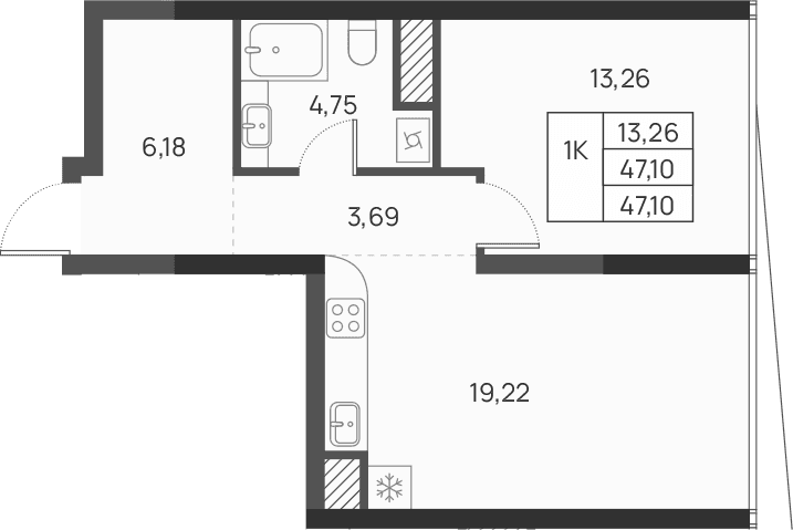 1-комн., 47.1 м²