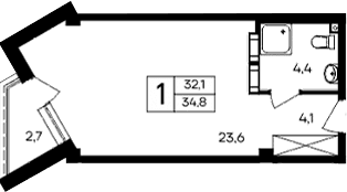 Студия, 32.1 м²