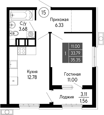 1-комн., 33.79 м²
