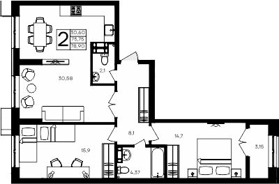 2-комн., 75.75 м²