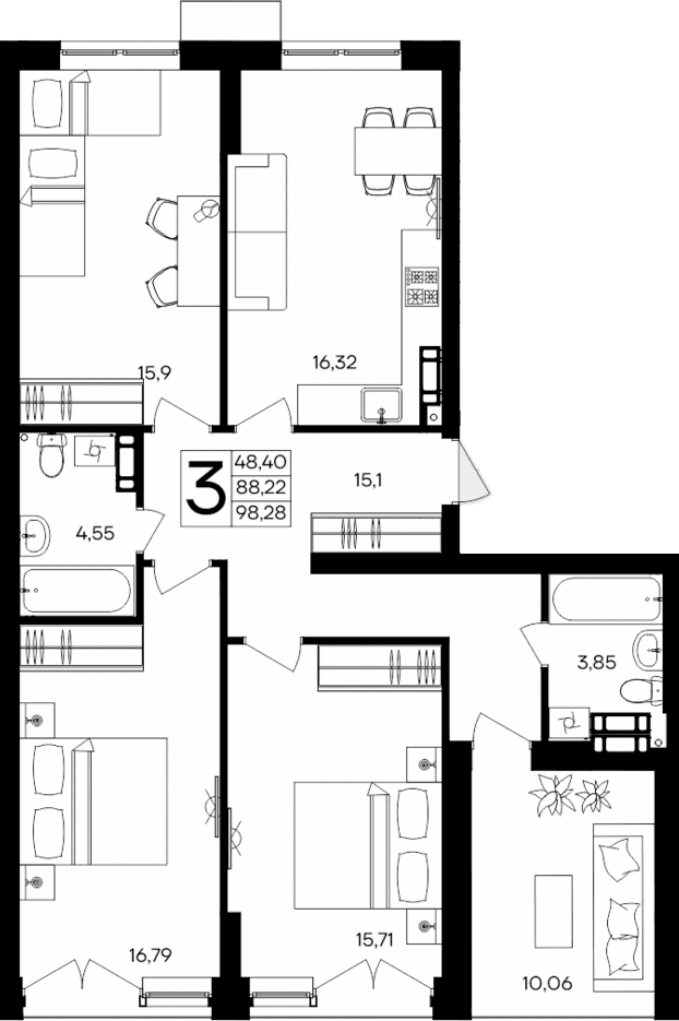 3-комн., 88.22 м²