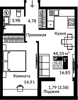 2-комн., 40.52 м²