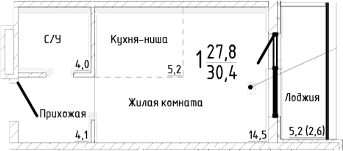 Студия, 27.8 м²