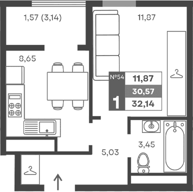 1-комн., 29 м²