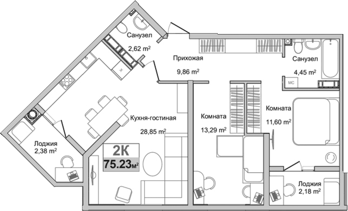 2-комн., 69.54 м²
