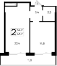 1-комн., 43.9 м²