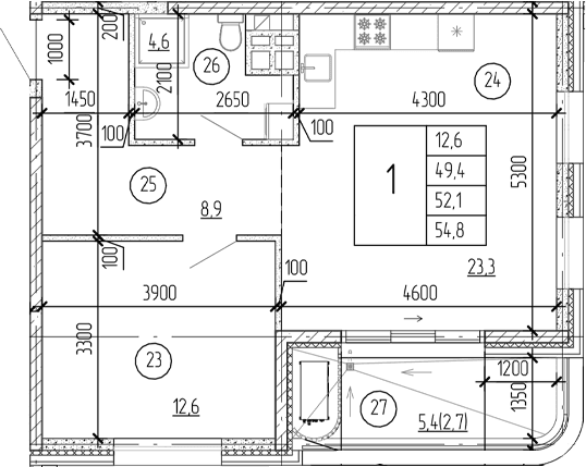 1-комн., 52.1 м²