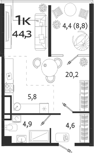 Студия, 35.5 м²