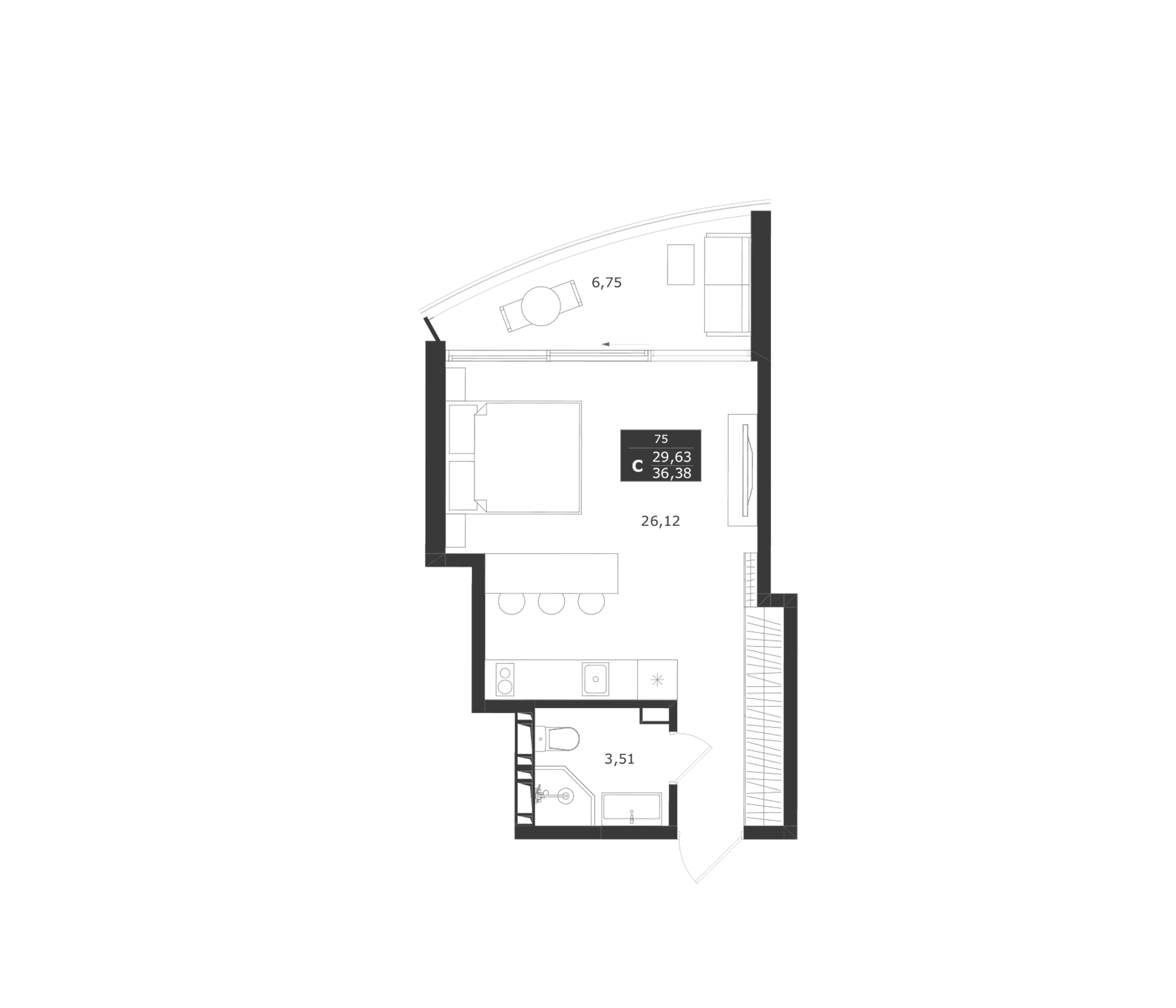 Студия, 29.63 м²