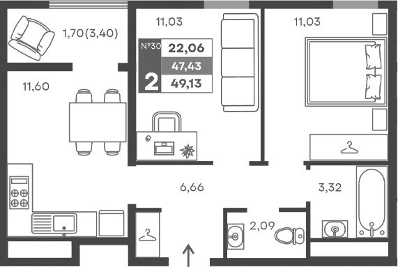2-комн., 45.73 м²