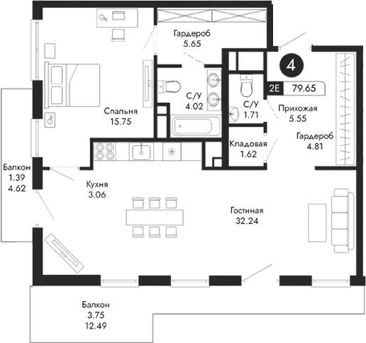 2-комн., 74.51 м²