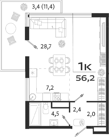 Студия, 44.8 м²
