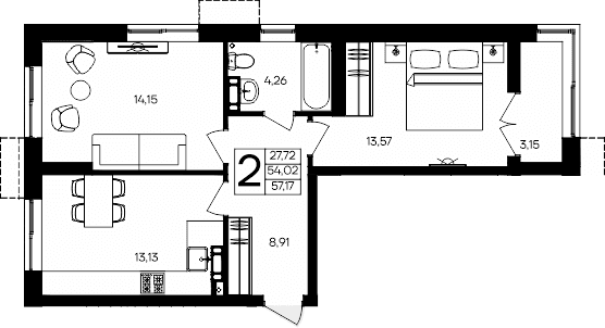 2-комн., 54.02 м²