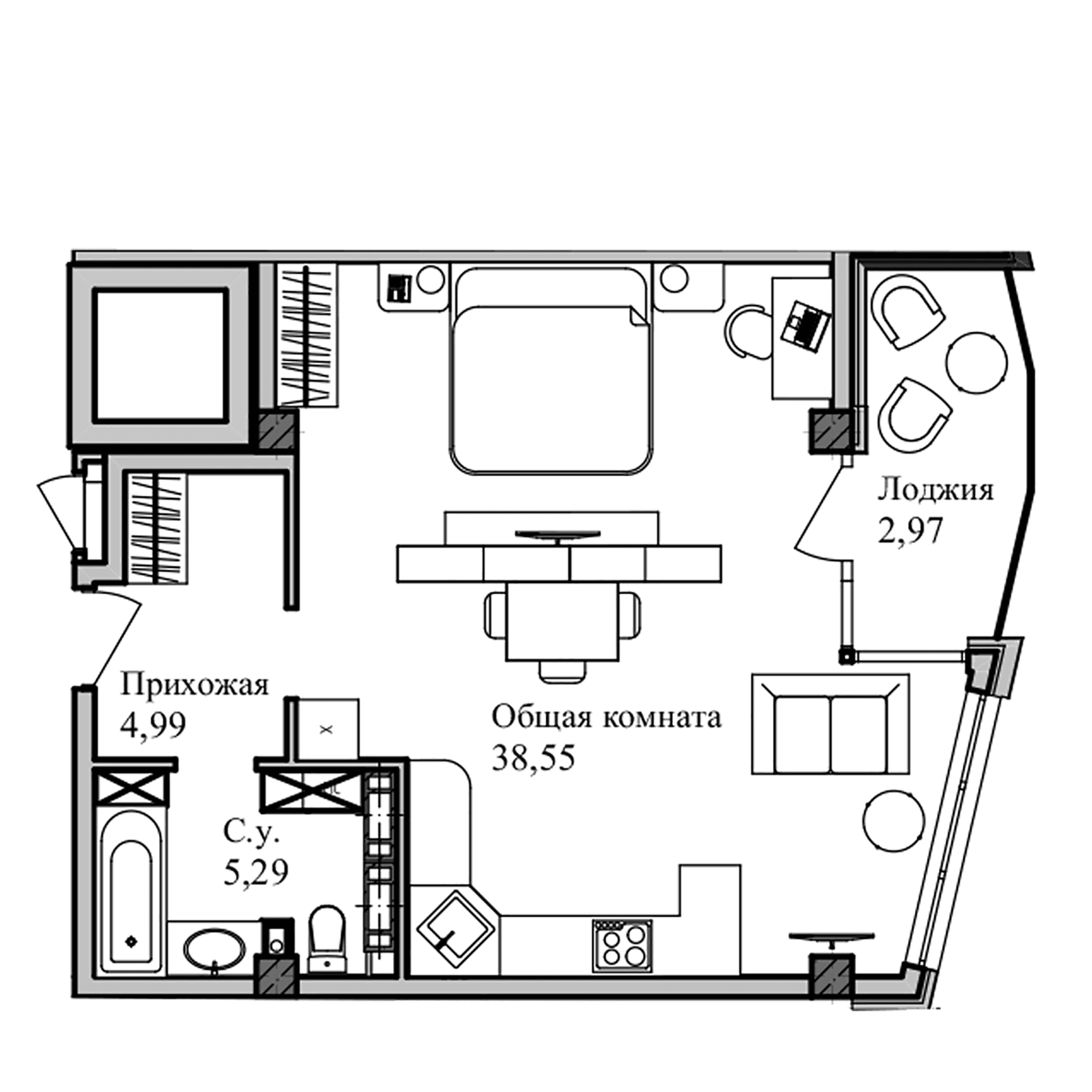 Студия, 51.53 м²