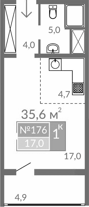 Студия, 30.7 м²