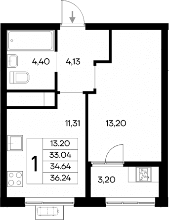 1-комн., 33.04 м²