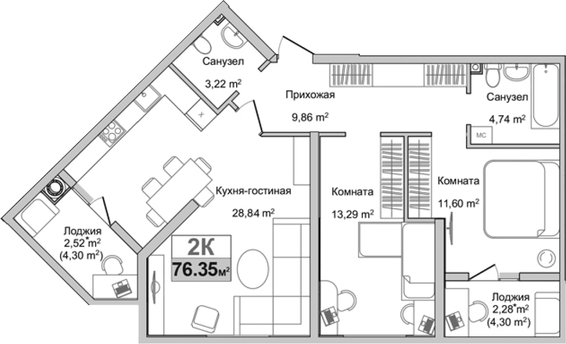 2-комн., 71.55 м²
