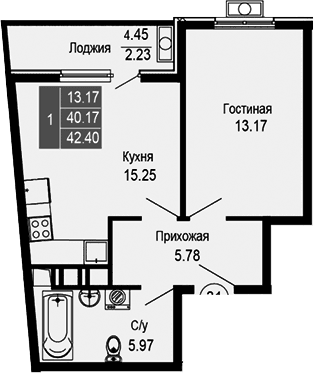 2-комн., 40.17 м²