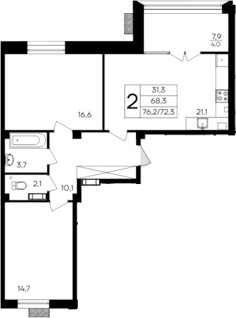 2-комн., 72.2 м²