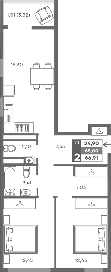 2-комн., 63.09 м²