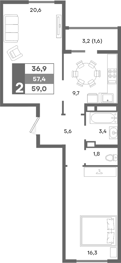 2-комн., 57.4 м²