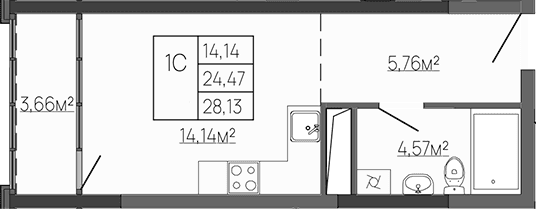 Студия, 24.47 м²