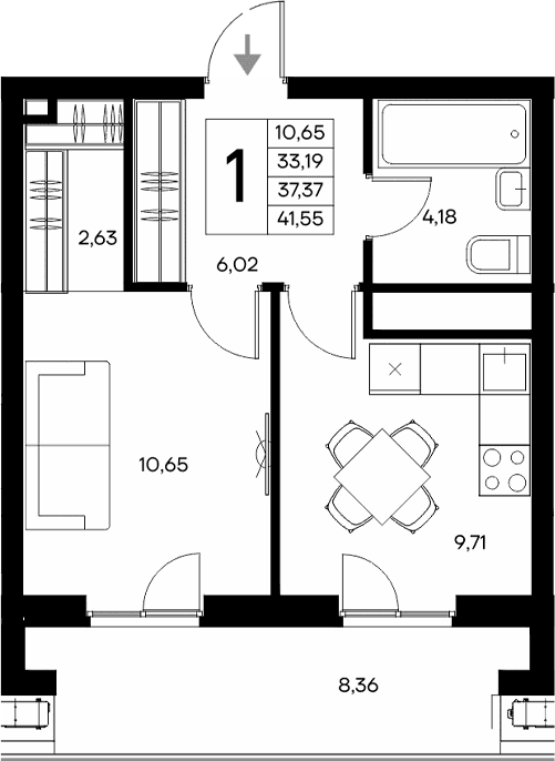 1-комн., 33.19 м²