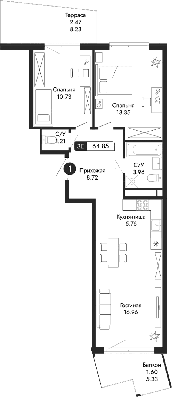 3-комн., 60.78 м²