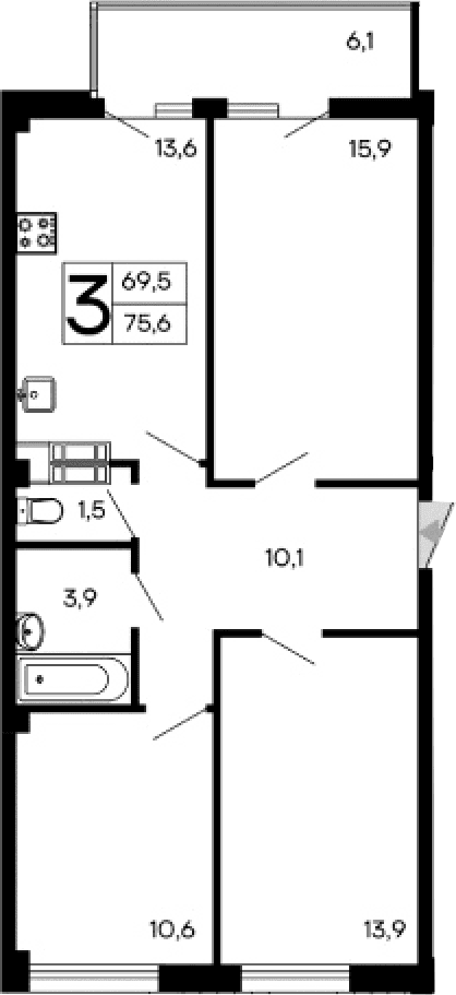 3-комн., 69.5 м²