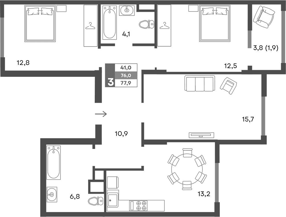 3-комн., 76 м²
