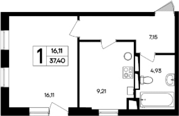 1-комн., 37.4 м²
