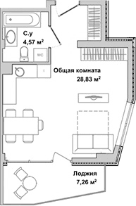 Студия, 32.44 м²