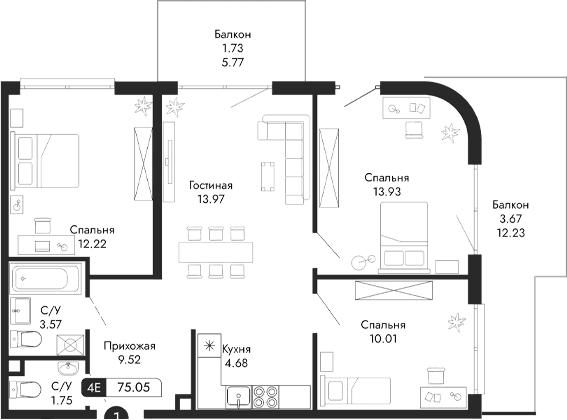 4-комн., 69.65 м²