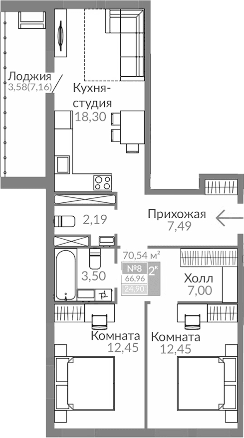 2-комн., 63.38 м²