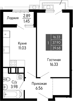 1-комн., 37.9 м²