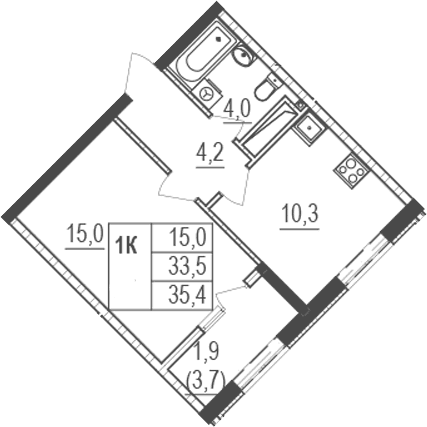 1-комн., 33.5 м²