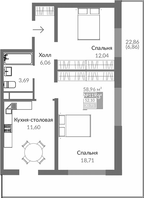 2-комн., 52.1 м²