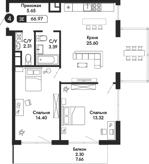 3-комн., 64.67 м²