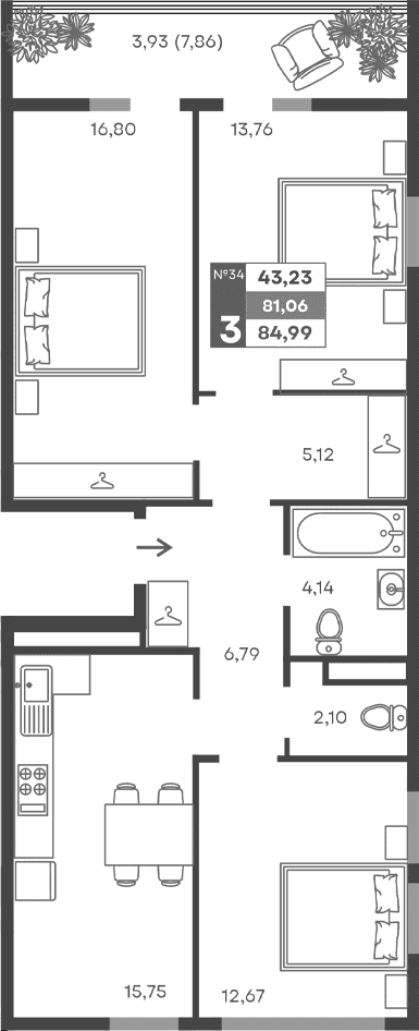 3-комн., 77.13 м²