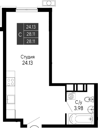 Студия, 28.11 м²