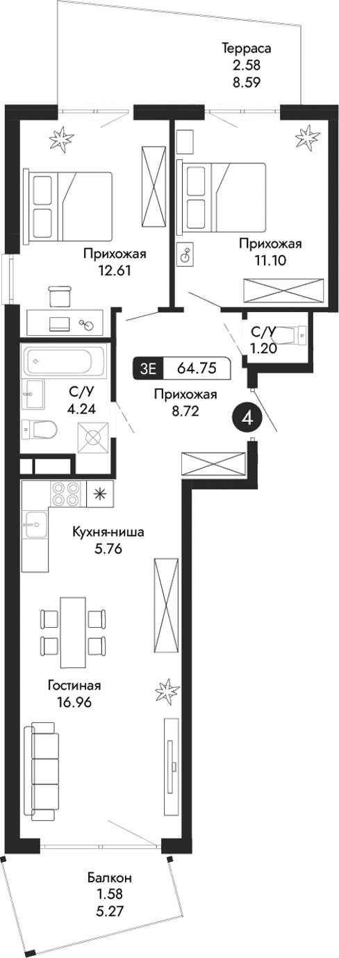 3-комн., 60.59 м²