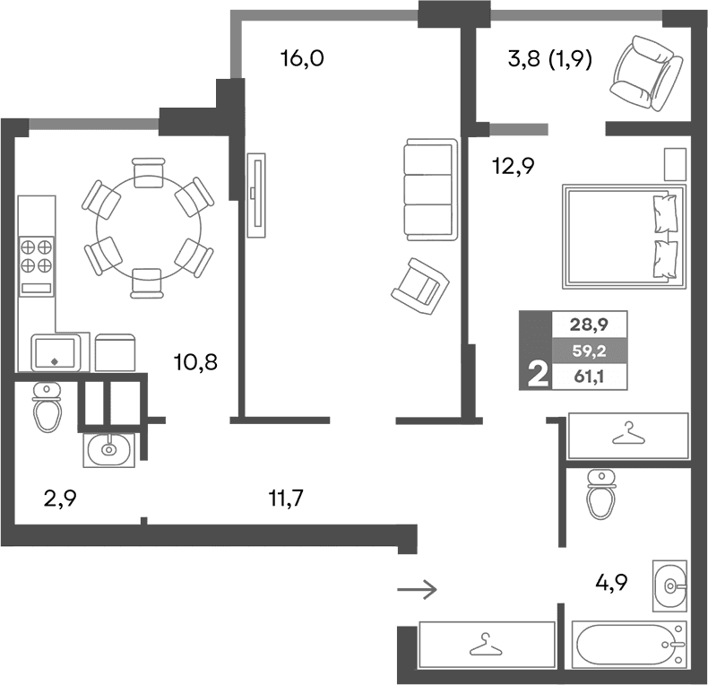 2-комн., 59.2 м²