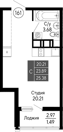 Студия, 23.89 м²