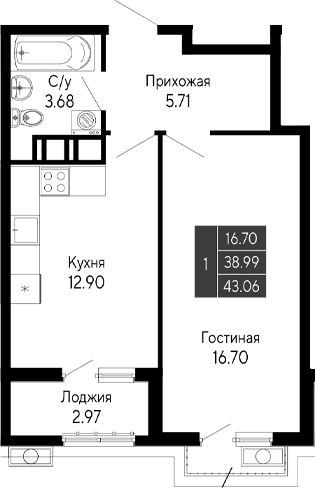 1-комн., 38.99 м²