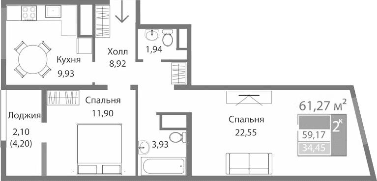 2-комн., 59.17 м²