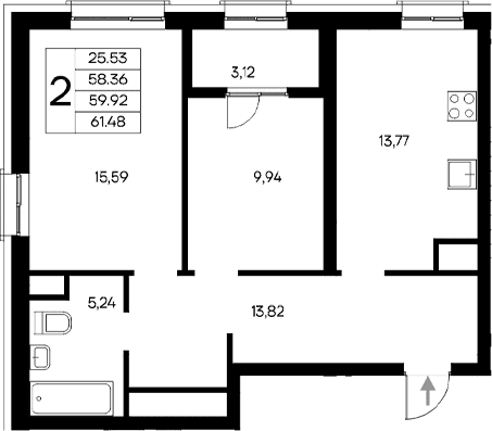 2-комн., 58.36 м²
