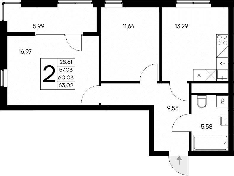2-комн., 57.03 м²
