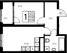 1-комн., 42.86 м²