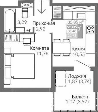1-комн., 28.54 м²
